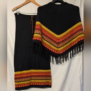 Peruvian Alpaca Black Fringe Poncho Sweater And Matching Maxi Skirt